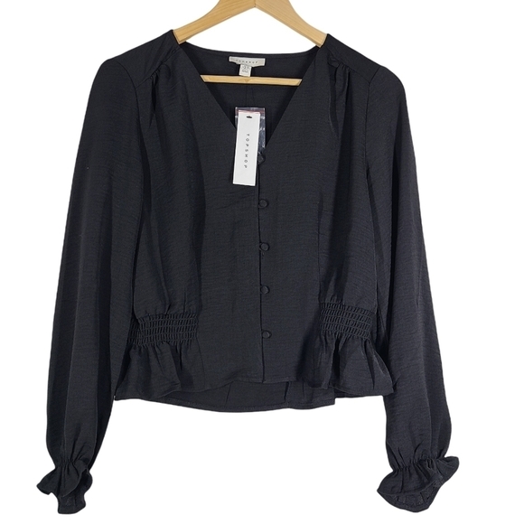 NWT Topshop Black Shirred Button Down Top Sz 6 - Picture 4 of 7